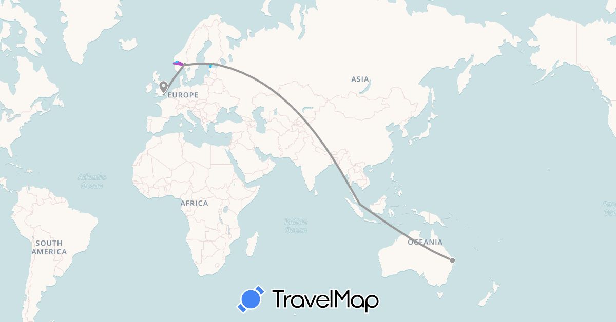 TravelMap itinerary: driving, bus, plane, train, boat in Australia, Estonia, Finland, United Kingdom, Norway, Singapore (Asia, Europe, Oceania)