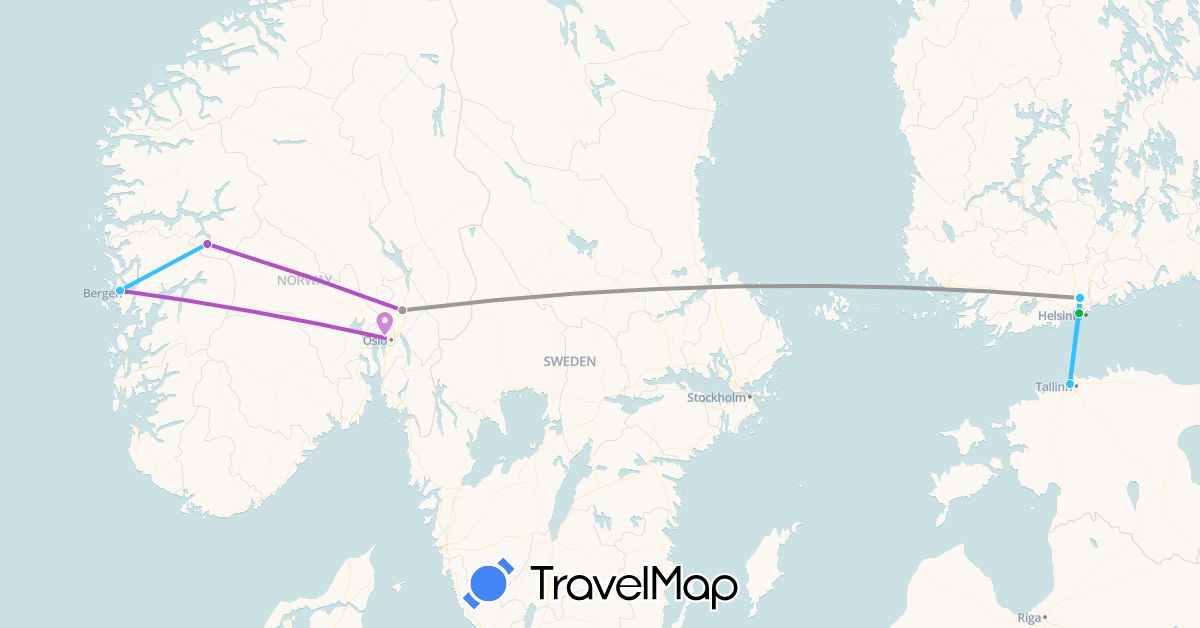 TravelMap itinerary: driving, bus, plane, train, boat in Estonia, Finland, Norway (Europe)